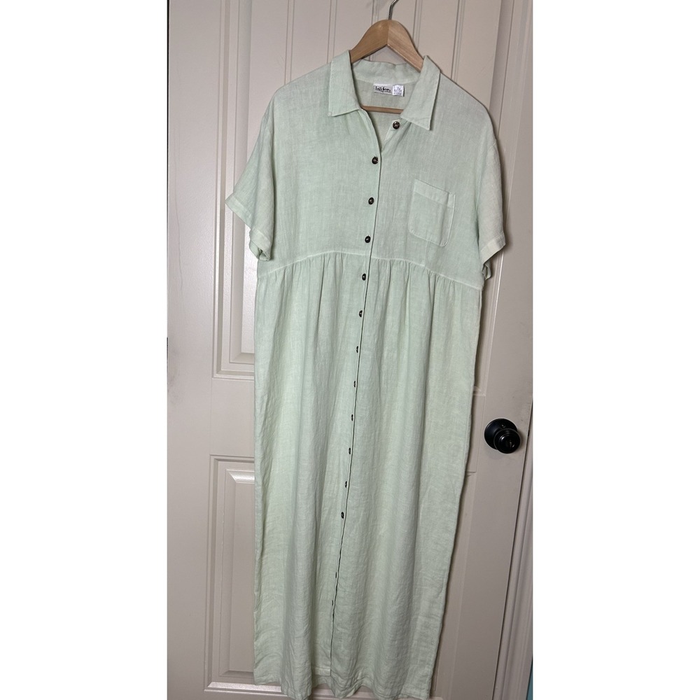 Kiko Vtg Maxi Dress L 100%Linen Green Cottagecore Prairie Minimalist Buttonfront
